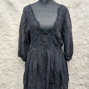 Free People FP Women's One Lottie Eyelet Lace Black Mini Dress Boho Casual L